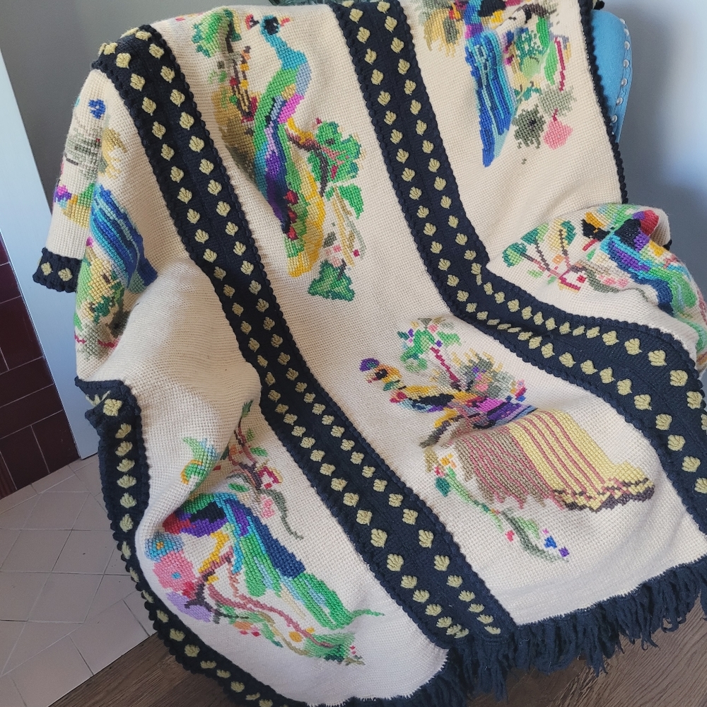 Vintage Handmade Peacock Crochet Knit Granny Afghan Blanket Throw 60"x48"